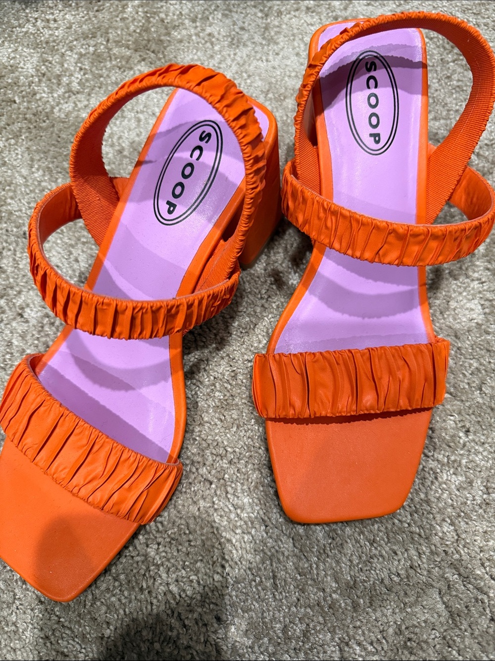SCOOP Orange Ruched Double-Strap Block Heel Sandals